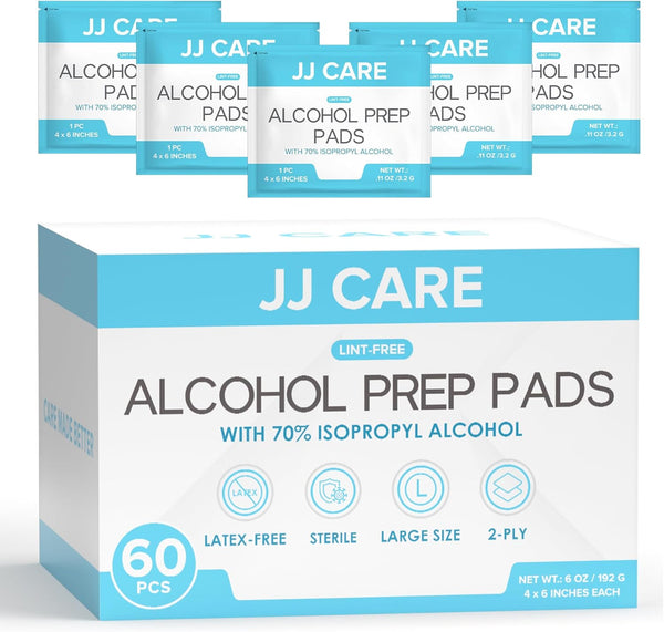 JJ CARE Large Alcohol Prep Pads, 4 x 6" Sterile Alcohol Pads Individually Wrapped, 70% Isopropyl Alcohol Wipes, Pack of