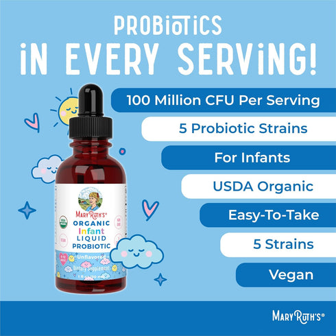 MaryRuth Organics USDA Organic Infant Liquid Probiotic Drops, Baby Essentials | Vegan | Non-GMO | 125 Servings
