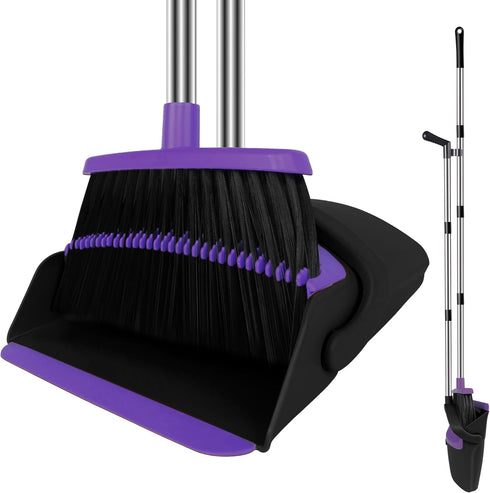 Upright Broom and Dustpan Set, 50-in Long Handle Self Cleaning for Home, Kitchen, Office Floors