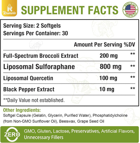 800 MG Liposomal Sulforaphane, Full-Spectrum Broccoli Extract, Antioxidant & Liver Supplement, 120 Softgels