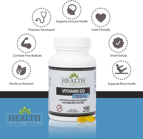 Health As It Ought To Be Vitamin D3, 7500 IUs Supplement, 100 Softgels