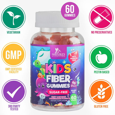 Kids Fiber Gummy Bears Supplement | 60 Gummies | Sugar Free Daily Prebiotic Fiber for Kids, Vegan, Berry Flavor