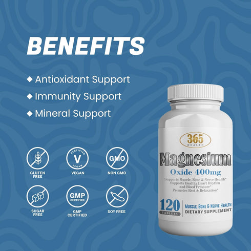 Magnesium 400mg High Potency Supplement, Immune Support, Muscle Recovery, 120 Tablets, USA MADE