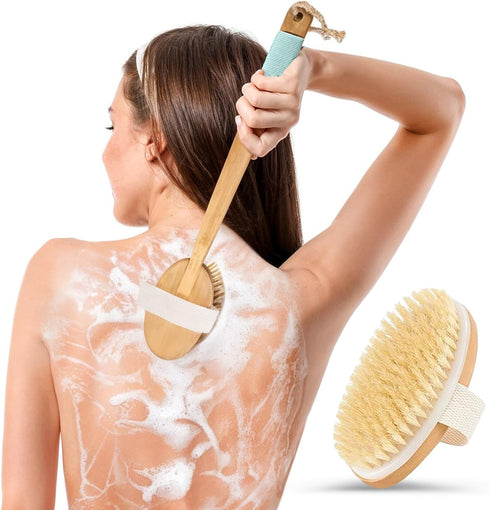 Long Handled Back Scrubber for Shower - 18" Boar Bristle Brush, Wooden Bath Brush