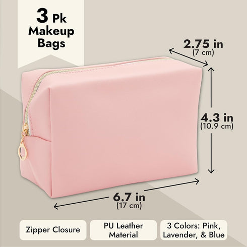 3 Pack Faux Leather Makeup Bag - Travel Cosmetic Pouches in 3 Pastel Colors