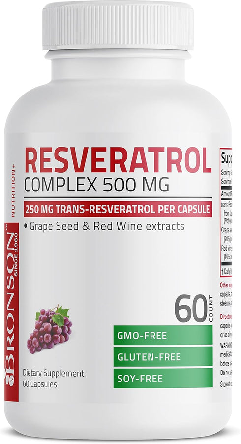 Bronson Resveratrol 500 Complex, Standardized Trans-Resveratrol with Grape Seed & Red Wine Extract, 60 Capsules.