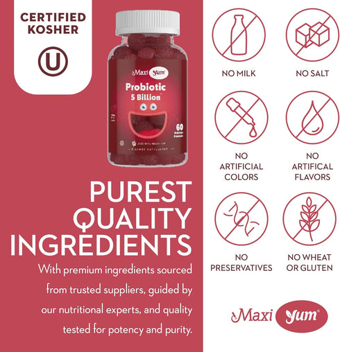 Maxi Yum Probiotic Gummies, 5 Billion CFUs, 60 Gummies for Digestive Health, Natural Berry Flavor, Kosher Certified