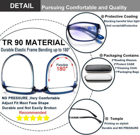 EYEURL 2 Pack Reading Glasses for Men Women - Blue Light Blocking Computer Reader 1.50 Lightweight TR90 Flexible
