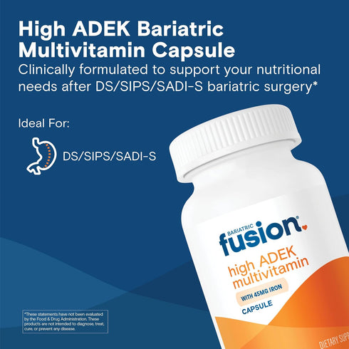 Bariatric Fusion High ADEK Multivitamin with Iron - Easy to Swallow Vitamins for Duodenal Switch, 90 Capsules