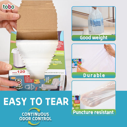 tobo 4 240 Count (2 Gallon Small Trash Bags, Boxes), Lemon Odor Control, Leak & Tear Resistant, Easy-Tear, Fits