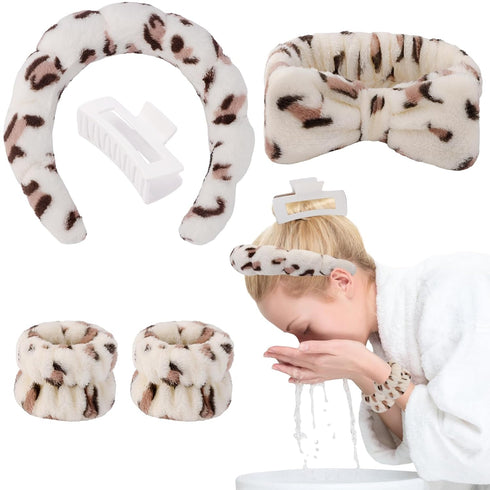 Canitor Spa Headband Wrist Bands Set with Hair Clips, Non Slip Puffy Terry Cloth Makeup Headband for Washing Face