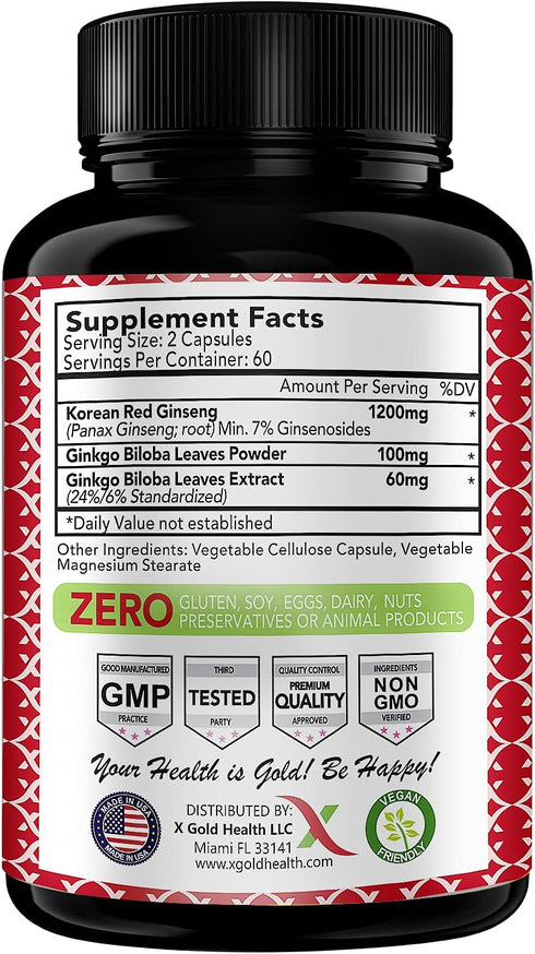 Korean Red Panax Ginseng 1200mg + Ginkgo Biloba -120 Vegan Capsules - High Ginsenosides Extra Strength Root Extract Powder Supplement for Energy, Performance & Focus Pills for Men & Women
