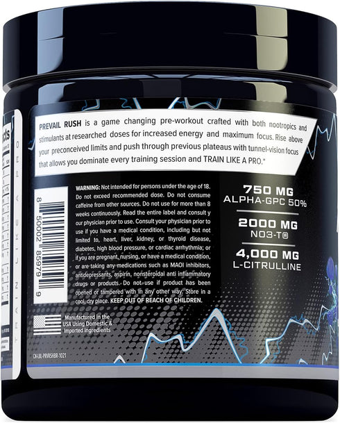 Cutler Nutrition High Stim Pre Workout Powder Prevail Rush for Men & Women (Sour Blue Razz, 20 Servings)
