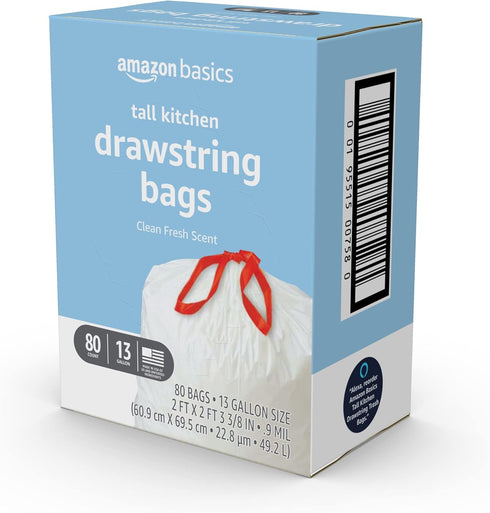 Amazon Basics Tall Kitchen Drawstring Trash Bags, Clean Fresh Scent, 13 Gallon, 80 Count, Pack of 1