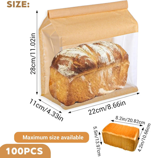 Limbeuuu 100 Packaging 11.2 4.3 8.7 Pcs Heavy Duty Large Paper Bread Bags with Tin Tie Tab Lock, Loaf Bag with Clear