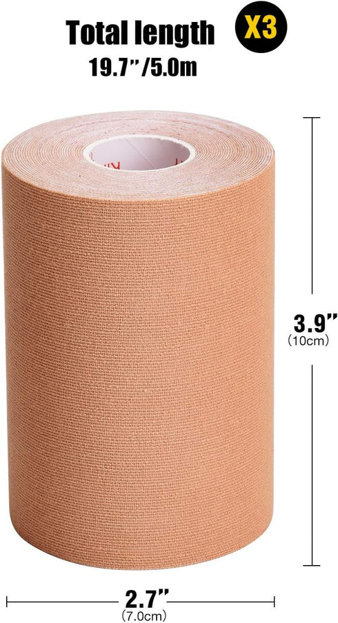 3 Pack Kinesiology Tape, Water Resistant Muscle Support Adhesive Sport Tape for Pain Relief, Tan 4in 5.5yd
