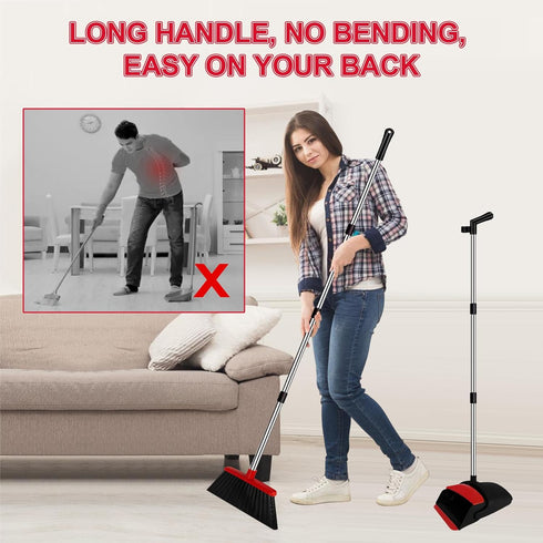 Set 51" Broom with Dustpan Combo and Silicone Air Broom Kit, Long Handle Floor Squeegee, Red Household Kit for Glass