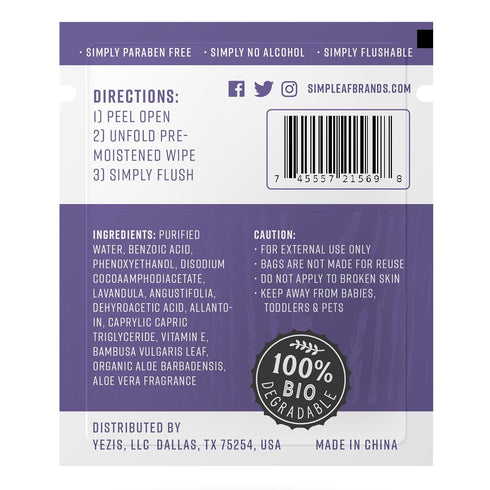 Pack (30 4 Pack 120 Counts Simpleaf Flushable Lavender Single Wet Wipes | Paraben & Alcohol Free | Hypoallergenic