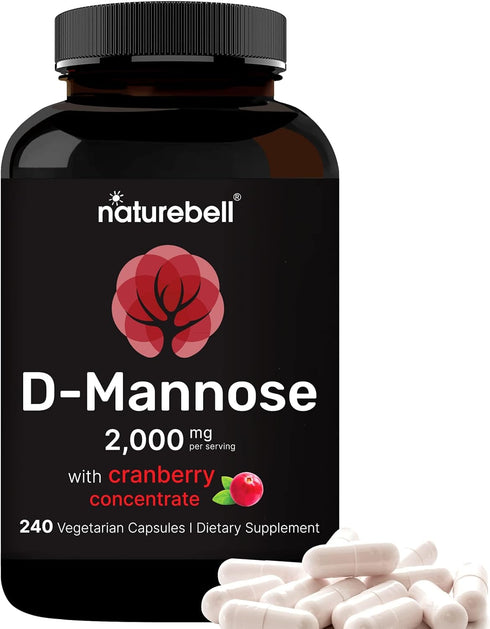 NatureBell D-Mannose 500mg Capsules, 240 Veggie Capsules + Cranberry Extract 400mg, Fast Acting UTI Support for Women &