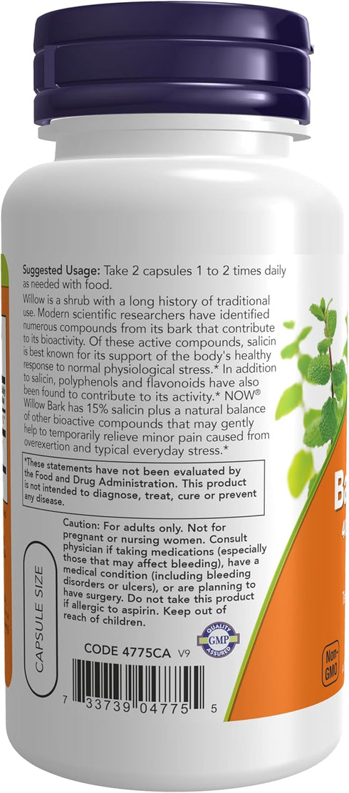 NOW Supplements White Willow Bark, 400 mg, 15% Salicin, Standardized Extract, 100 Veg Capsules