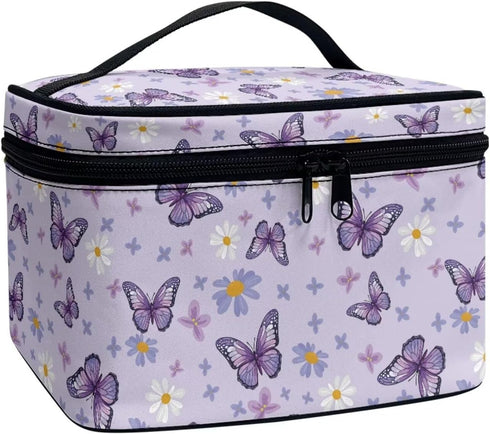 Purple Butterfly Makeup Bag - Cute Floral Cosmetic Organizer for Women, Portable Toiletry Case for Travel
