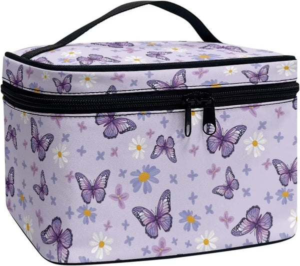 Purple Butterfly Makeup Bag - Cute Floral Cosmetic Organizer for Women, Portable Toiletry Case for Travel