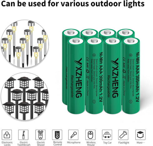 8Pcs AAA Battery 1.2v Rechargeable NI-MH 300mAh for Outside Solar Lawn Light (8xAAA)