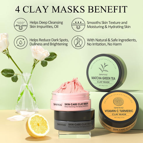 4 Pcs Clay Facial Mask Set - 240g Turmeric, Vitamin C, Green Tea, Dead Sea Mud, and Rose Clay for Deep Cleansing &