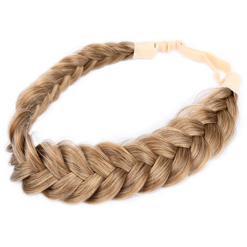 Messy Wide 2 Strands Synthetic Hair Braided Headband, Classic Chunky Braid Elastic Stretch Hairpiece, Dark Blonde