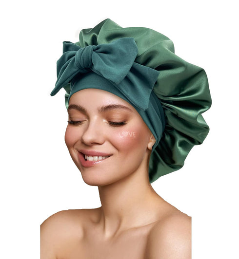 Satin Silk Hair Bonnet for Sleeping, Large Bonnets with Tie Band and Adjustable Straps for Curly Braid Hair Hunter Green