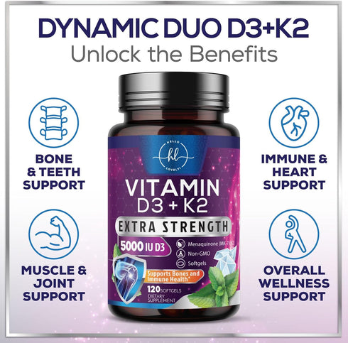 K2 (MK-7) D3 5000IU (125mcg) D3K2 Immune 240 Vitamin D with - Vitamin Per Serving - Complex Supplement for Bone, Teeth