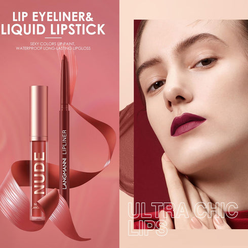 LANGMANNI 6 Matte Lipstick with 6 Lipliners - Long-Lasting Non-Stick Cup Waterproof Pigmented Velvet Lipgloss Kit