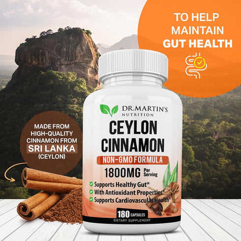 1800mg Organic Ceylon Cinnamon Capsules, 180 Count, Supports Joints, Inflammatory Responses, Antioxidant Health
