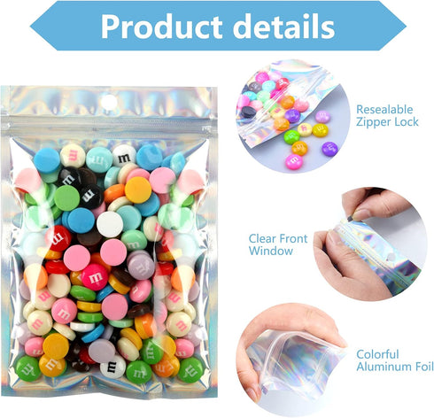 ANZNKU 50 Pack Holographic Bags, 5" x 7" Resealable Small Baggies, Foil Pouch Rainbow Color Packaging Bags for Small