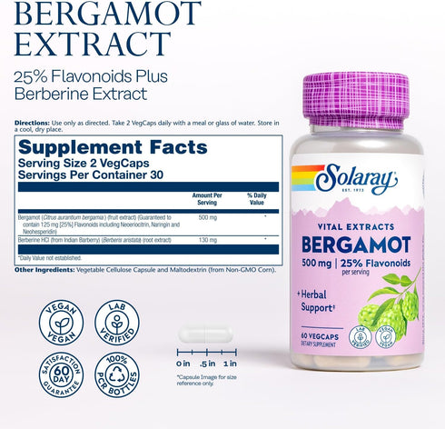 Solaray Bergamot Advanced Formula, Cardiovascular Support Fruit Extract, Veg Cap (Btl-Plastic) 500mg, 60ct