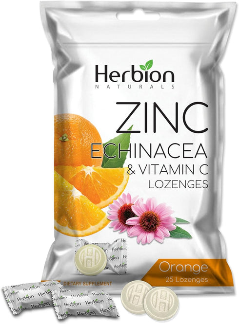 Herbion Naturals Zinc, Echinacea & Vitamin C Lozenges with Orange Flavor, 25 CT - Dietary Supplement for Adults & Children 5+ - Promotes Wellness for The Whole Family - (Pack of 5) (125 Lozenges)