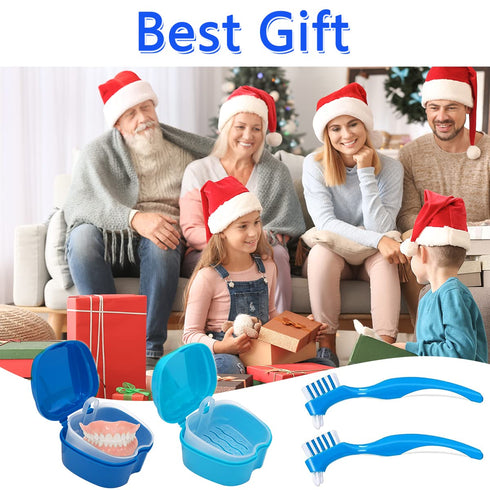 Denture Cleaner Box and Brush Set - 2 Pack Portable Denture Bath Case with Basket + 2 Pack Brushes (Light and Dark Blue)