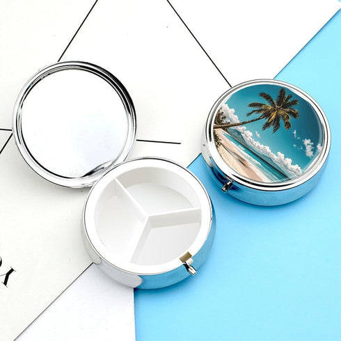 LPSADGF 3 Palm Tree Hawaii Beach Medicine Pill Case, Compartment Round Pill Box, Portable Decorative Medicine Organizer