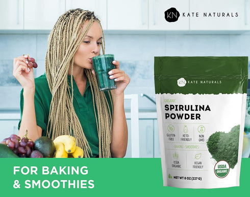 Kate Naturals Organic Spirulina Powder for Immune Support and Antioxidants, Nutrient Dense Superfood Supplement (8 oz)