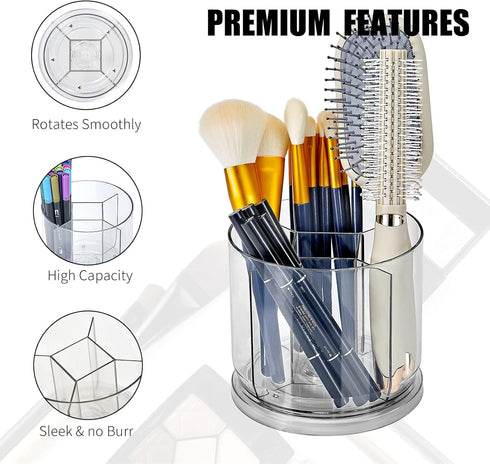 Makeup Brush Holder Organizer - 360° Rotating Clear Storage Cup for Vanity, Desk, Countertop, Spinning Pen Holder