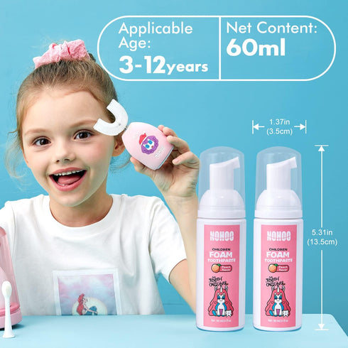 NOHOO Kids Foam Toothpaste, 2PCS Peach Flavor, Fluoride Free Natural Formula for Electric Toothbrush, Toddler Oral