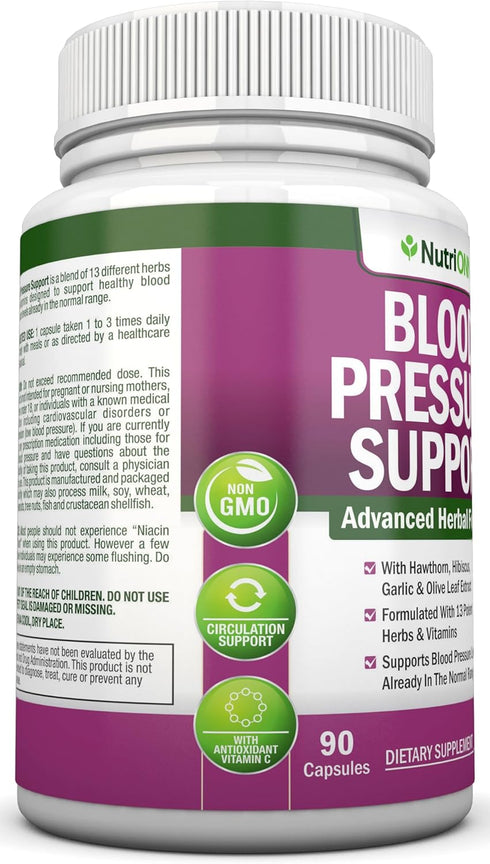 Blood Pressure Support Supplement - 13 Herbs & Vitamins with Hawthorn, Hibiscus, Garlic & Olive Leaf Extract - Non-GMO