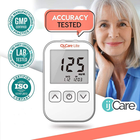 Oh’Care Lite Blood Sugar Test Kit – Glucometer with Strips, Lancets, Lancing Device, Log, and Case (50 Strips & 50
