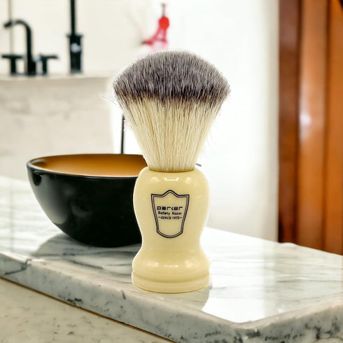 Parker Synthetic Shaving Brush, Faux Cream Handle, Stand Included