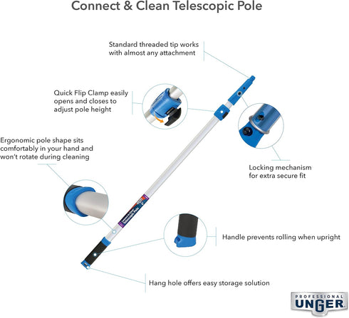 Unger Professional Connect & Clean 3’-6’ Aluminum Telescopic Extension Pole with Locking Cone & Quick-Flip Clamp – Compatible with Cleaning Tool Attachments, Window Cleaning & Dusting Tool by UNGER