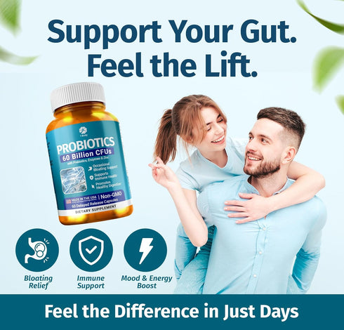 1 Body Probiotics, 60 Billion CFU Gut Health Supplement with Prebiotics, Digestive Enzymes, Vegan, 60 Capsules
