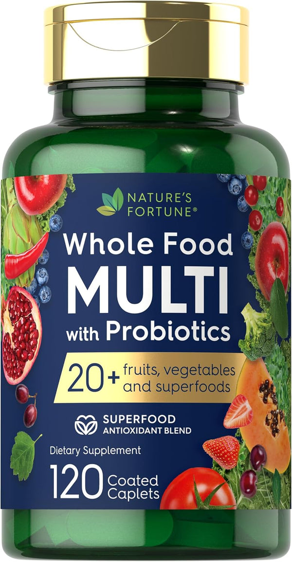 Nature's Fortune Whole Food Multivitamin with Probiotics | 120 Coated Caplets | Made with