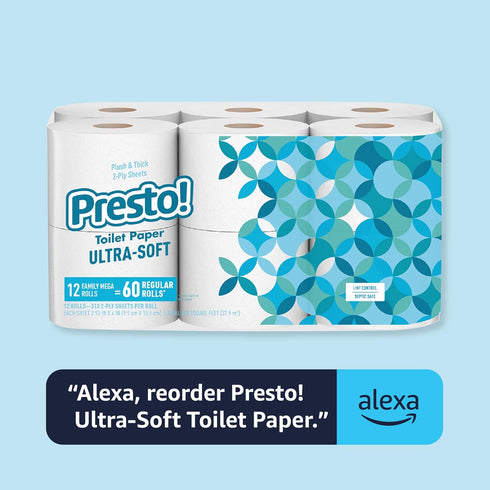 Amazon Brand - Presto! 2-Ply Ultra-Soft Toilet Paper, 6 Family Mega Rolls = 30 Regular Rolls, Unscented, White, 1878