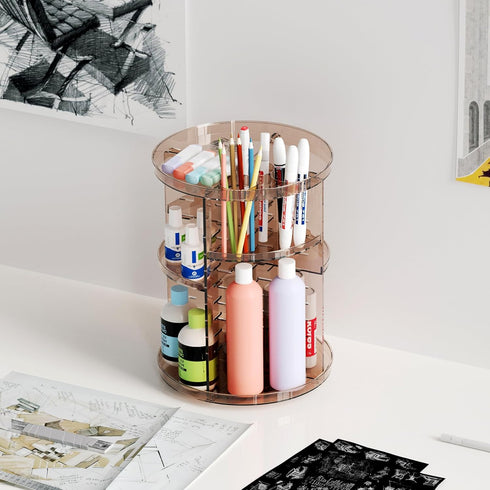 Rotating Makeup Organizer for Countertop, DIY Adjustable Trays Spinning Skincare Organizers with Brush Holder