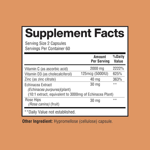 Vitamin C 2000MG, Zinc 40 mg, Vitamin D3 5000 IU, Echinacea Extract, 120 Vegan Caps, Immune Support for Adults & Kids